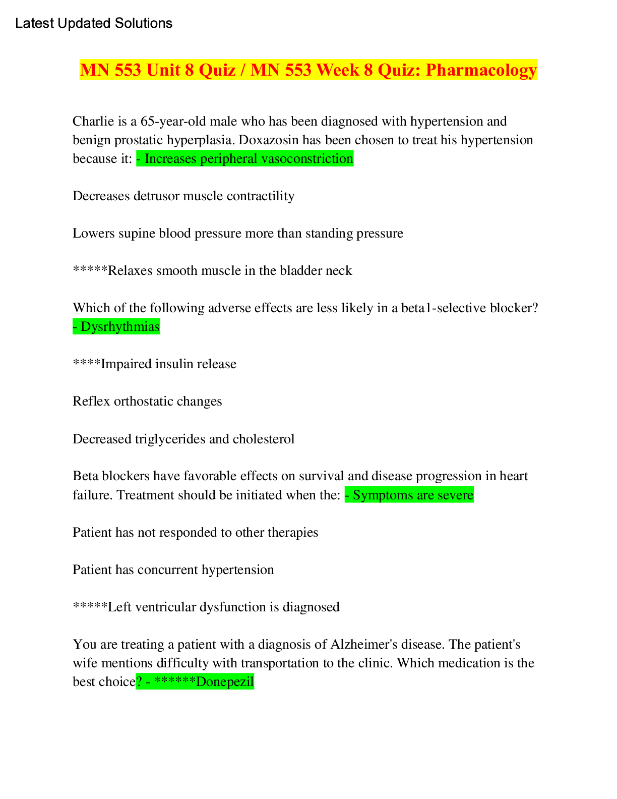 MN 553 Unit 8 Quiz / MN 553 Week 8 Quiz Pharmacology Browsegrades